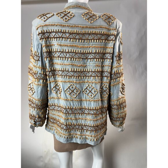 Sandy Starkman Chambray Embroidered Wood Beaded Cotton Jacket Vintage Size Large - Picture 5 of 16